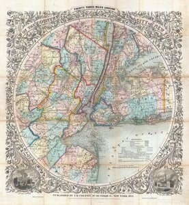 Mapa del País a Treinta y Tres Millas Alrededor de la Ciudad de Nueva York de J. H. Colton